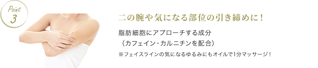 Point3 二の腕や気になる部位の引き締めに！ 脂肪細胞にアプローチする成分（カフェイン・カルニチンを配合） ※フェイスラインの気になるゆるみにもオイルで1分マッサージ！