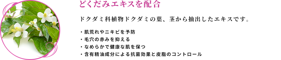 どくだみエキスを配合 ドクダミ科植物ドクダミの葉、茎から抽出したエキスです。 ・肌荒れやニキビを予防 ・毛穴の赤みを抑える ・なめらかで健康な肌を保つ ・含有精油成分による抗菌効果と皮脂のコントロール